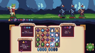 A witch fighting monsters using a shape-matching puzzle grid in Witching Stone