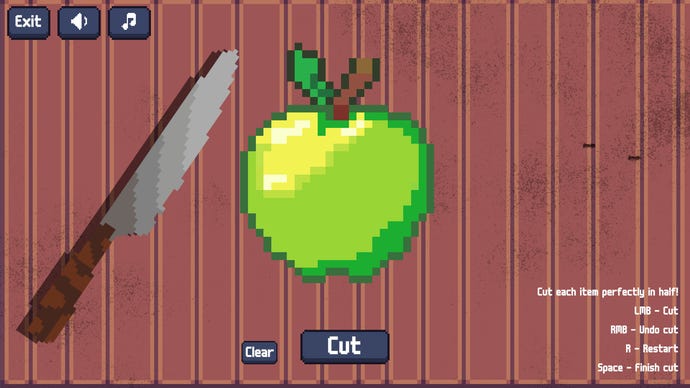 An apple about to be cut in half in 50/50