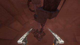 The player jumping towards a misty structure with two climbing axes in Lorn's Lure