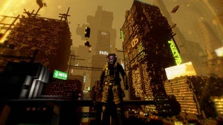 A cyberpunky person stands, with a smoggy cyberpunk city looming behind them in Beta Decay.