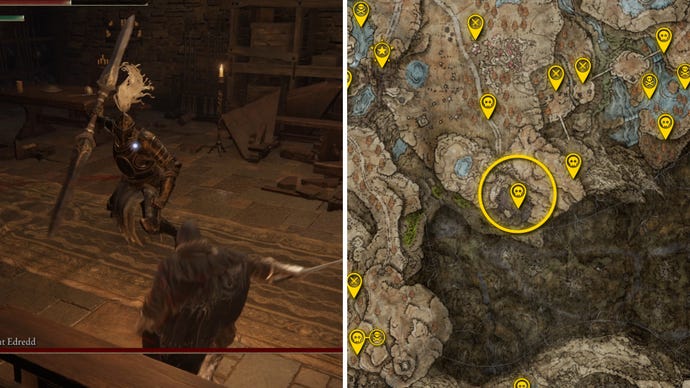 Two Elden Ring: Shadow Of The Erdtree screenshots side by side. Left: a screenshot of the player fighting the Black Knight Edredd boss. Right: the location of that boss on the map.