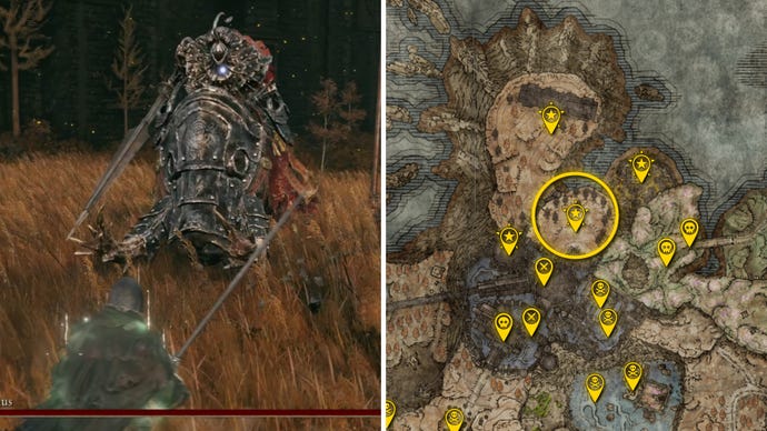 Two Elden Ring: Shadow Of The Erdtree screenshots side by side. Left: a screenshot of the player fighting the Commander Gaius boss. Right: the location of that boss on the map.