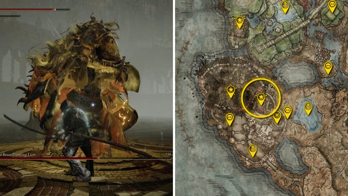 Two Elden Ring: Shadow Of The Erdtree screenshots side by side. Left: a screenshot of the player fighting the Divine Beast Dancing Lion boss. Right: the location of that boss on the map.