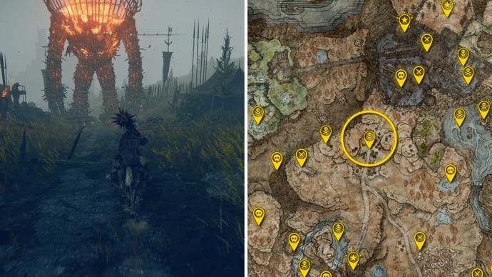 Two Elden Ring: Shadow Of The Erdtree screenshots side by side. Left: a screenshot of the player fighting the Furnace Golem boss. Right: the location of that boss on the map.