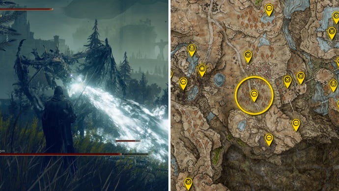 Two Elden Ring: Shadow Of The Erdtree screenshots side by side. Left: a screenshot of the player fighting the Ghostflame Dragon boss. Right: the location of that boss on the map.