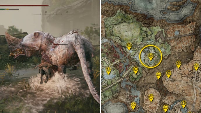 Two Elden Ring: Shadow Of The Erdtree screenshots side by side. Left: a screenshot of the player fighting the Hippopotamus boss. Right: the location of that boss on the map.