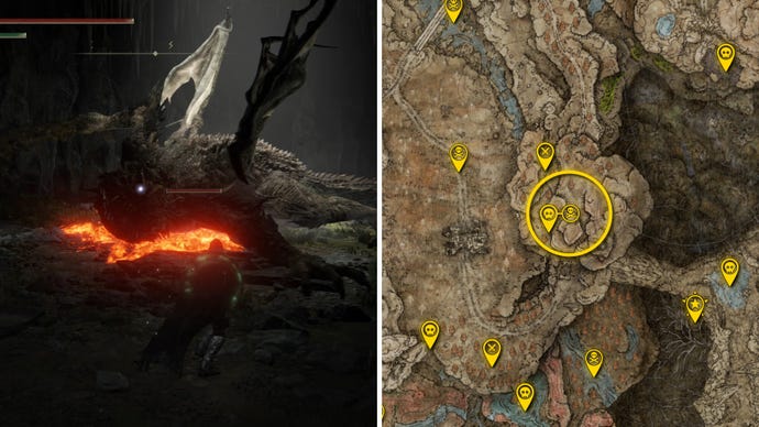 Two Elden Ring: Shadow Of The Erdtree screenshots side by side. Left: a screenshot of the player fighting the Magma Wyrm boss. Right: the location of that boss on the map.