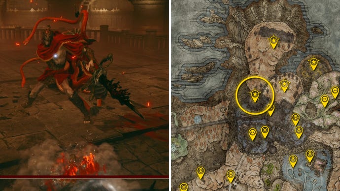 Two Elden Ring: Shadow Of The Erdtree screenshots side by side. Left: a screenshot of the player fighting the Messmer The Impaler boss. Right: the location of that boss on the map.