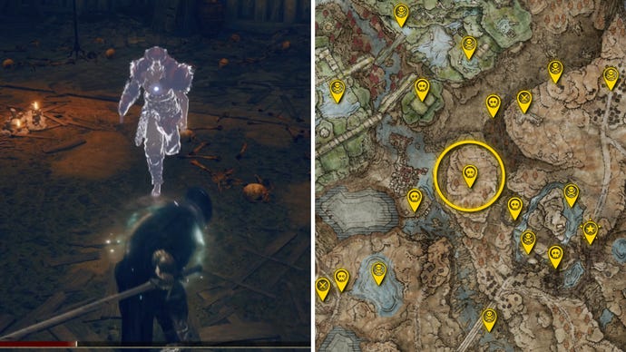 Two Elden Ring: Shadow Of The Erdtree screenshots side by side. Left: a screenshot of the player fighting the Red Bear boss. Right: the location of that boss on the map.