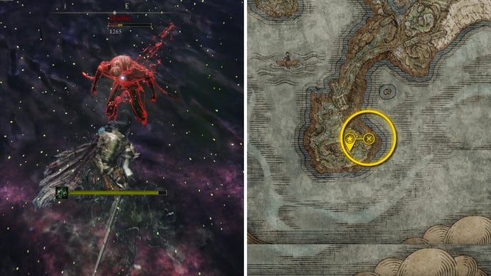 Two Elden Ring: Shadow Of The Erdtree screenshots side by side. Left: a screenshot of the player fighting the Thiollier boss. Right: the location of that boss on the map.