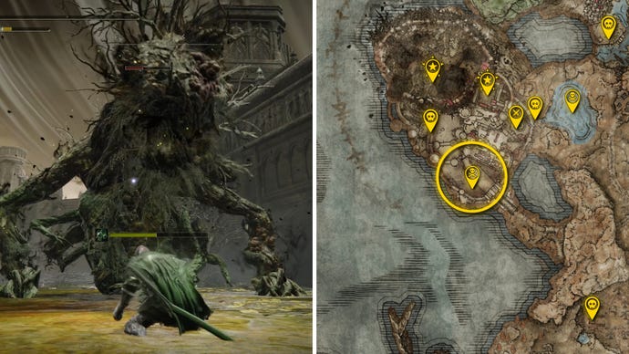 Two Elden Ring: Shadow Of The Erdtree screenshots side by side. Left: a screenshot of the player fighting the Ulcerated Tree Spirit boss. Right: the location of that boss on the map.