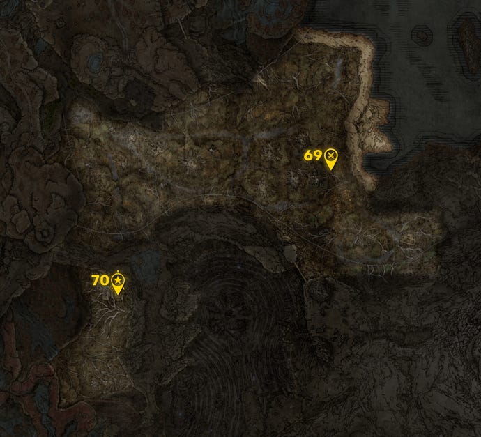 Part of the Elden Ring DLC map with all areas greyed out except for the Abyssal Woods region, and all the boss locations in that region highlighted and numbered in yellow.