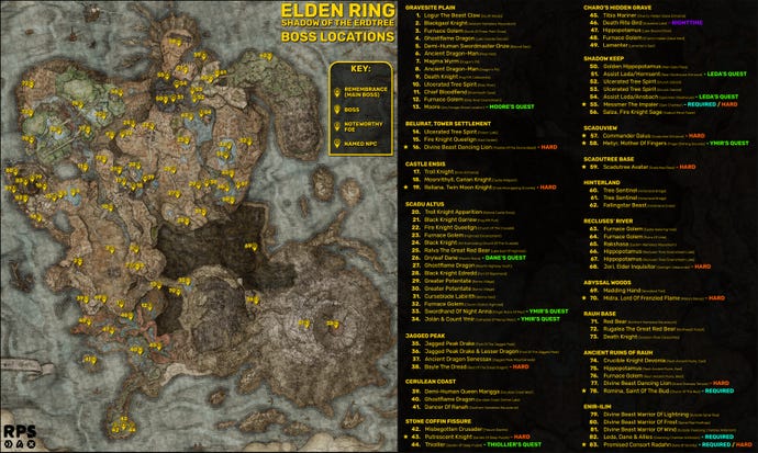 A full map of the Land Of Shadow in Elden Ring: Shadow Of The Erdtree, with all the DLC's boss locations marked with yellow markers. On the right-hand side is a key listing the names and order of every single boss in Shadow Of The Erdtree.