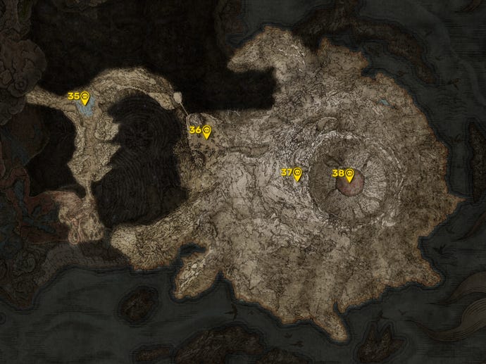 Part of the Elden Ring DLC map with all areas greyed out except for the Jagged Peak region, and all the boss locations in that region highlighted and numbered in yellow.