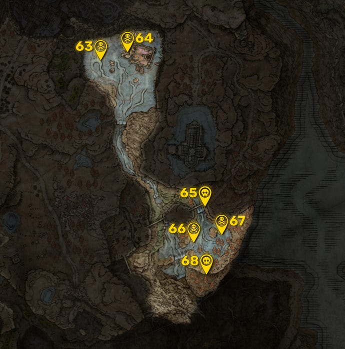 Part of the Elden Ring DLC map with all areas greyed out except for the Recluses' River region, and all the boss locations in that region highlighted and numbered in yellow.