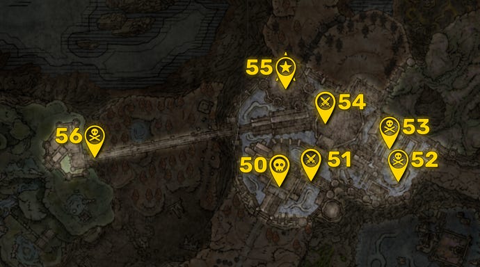 Part of the Elden Ring DLC map with all areas greyed out except for the Shadow Keep region, and all the boss locations in that region highlighted and numbered in yellow.