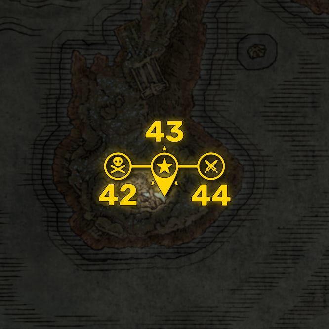 Part of the Elden Ring DLC map with all areas greyed out except for the Stone Coffin Fissure region, and all the boss locations in that region highlighted and numbered in yellow.