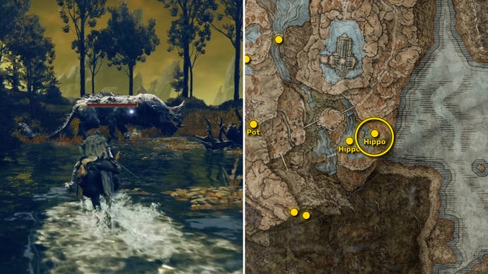 Two screenshots from Elden Ring: Shadow Of The Erdtree. Left: the player approaches a Scadutree Fragment. Right: the location of that Scadutree Fragment on the map.