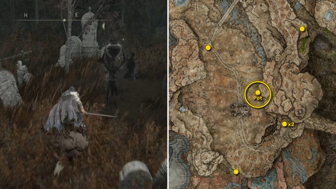 Two screenshots from Elden Ring: Shadow Of The Erdtree. Left: the player approaches a Scadutree Fragment. Right: the location of that Scadutree Fragment on the map.