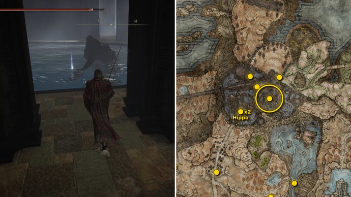 Two screenshots from Elden Ring: Shadow Of The Erdtree. Left: the player approaches a Scadutree Fragment. Right: the location of that Scadutree Fragment on the map.