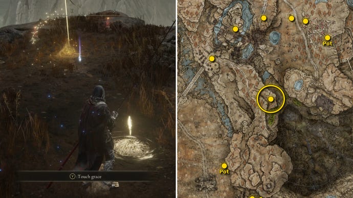 Two screenshots from Elden Ring: Shadow Of The Erdtree. Left: the player approaches a Scadutree Fragment. Right: the location of that Scadutree Fragment on the map.