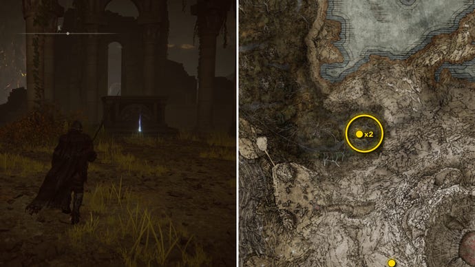 Two screenshots from Elden Ring: Shadow Of The Erdtree. Left: the player approaches a Scadutree Fragment. Right: the location of that Scadutree Fragment on the map.