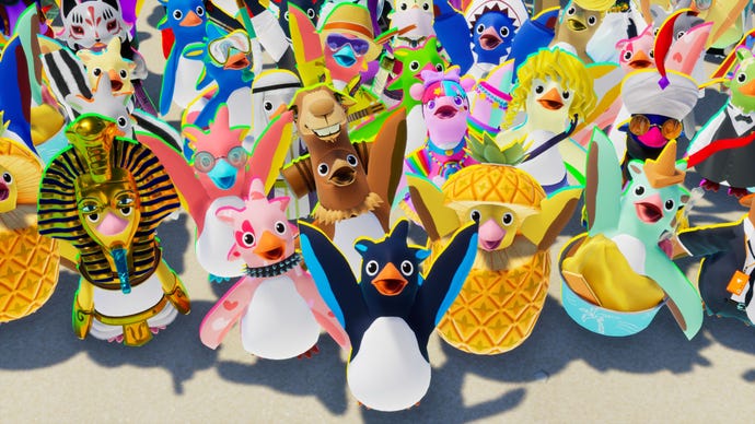 Many cartoon penguins dressed in costume celebrate with a cheer.