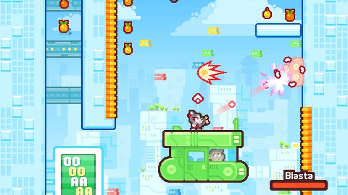 Luna, a dog, shoots at an enemy in a colourful 2D platforming level in Grapple Dogs: Cosmic Canines.