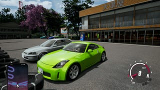 A green car parked outside a building in rural Japan in JDM: Rise Of The Scorpion.