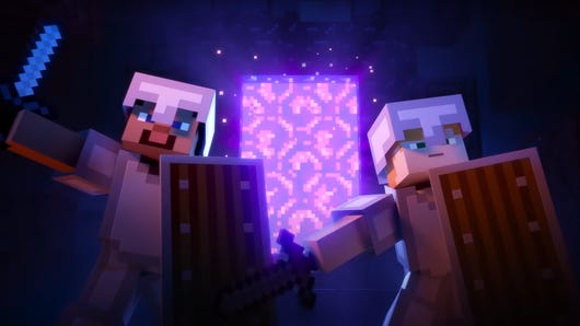 Two characters from Minecraft wearing armor and holding swords and shields behind a Nether portal in the 1.20 update.