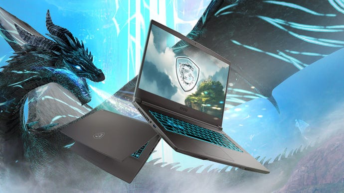 Promo art for the MSI Thin 15 laptop showing it being breathed on by a dragon.