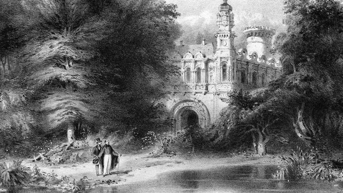 An old black and white vintage illustration depicting two men standing on the bank of a pond as a fancy castle can be seen behind trees in the background.