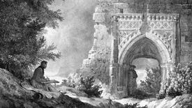 An old black and white vintage illustration of the remnants of a wall showing a decrepit medieval archway and a man dressed in the medieval fashion standing in the shadow, leaning against the jambs, as a nineteenth-century artist sitting beneath a tree draws the scene.