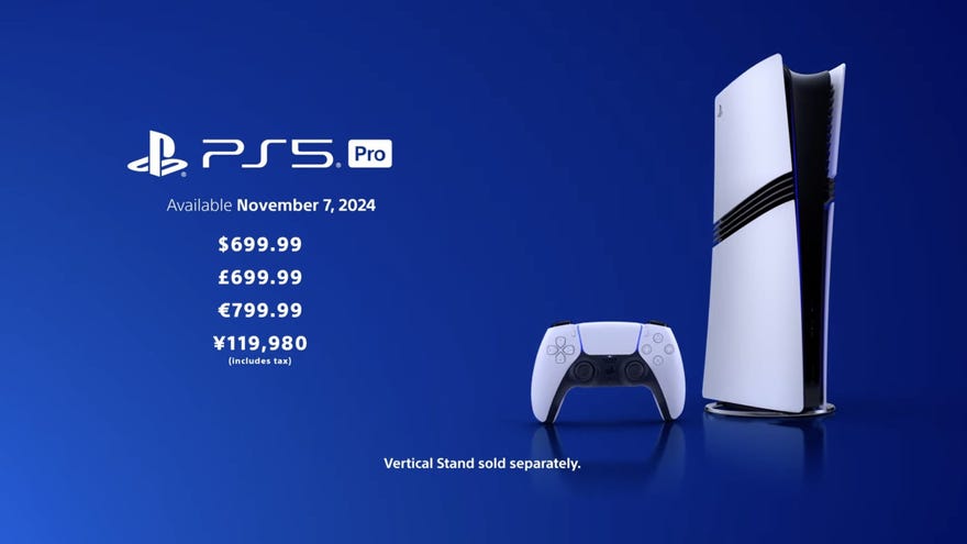 A presentation slide showing the PS5 Pro pricing in various regions.