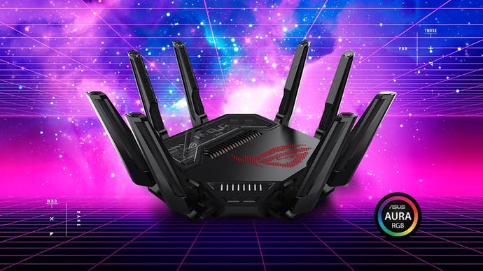 The ROG Rapture GT-BE98 router against a blue sci-fi background.