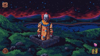 A creepy clown who resembles Pennywise stands out of a hole in the ground in Devil's Hideout.