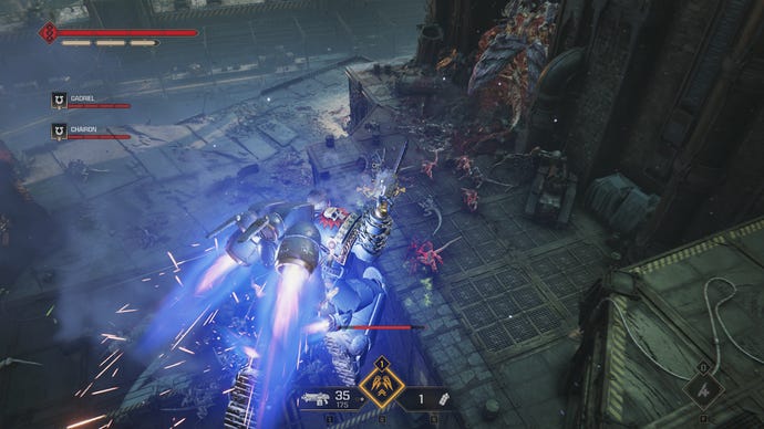 Titus uses a jump pack to propel himself at foes in Warhammer 40,000: Space Marine 2.