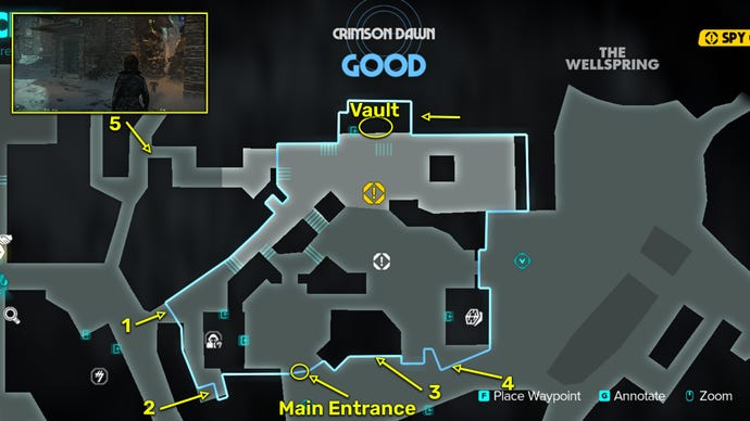 Star Wars Outlaws map image showing the Crimson Dawn Vault location in Kijimi City along with alternate entrances into the district.