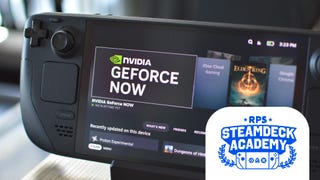 A Steam Deck OLED showing the shortcuts to two cloud gaming streaming services, Nvidia GeForce Now and Xbox Cloud Gaming. The RPS Steam Deck Academy logo is added in the bottom right corner.