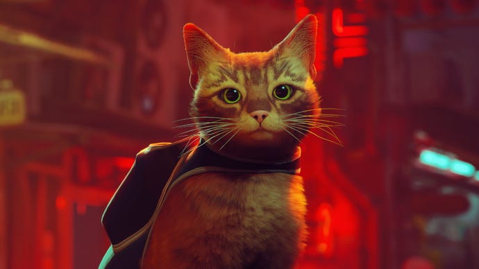 A ginger cat with a blue backpack looks at the camera in Stray.