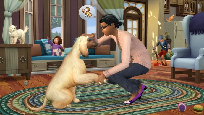 A woman shaking hands with a dog in The Sims 4